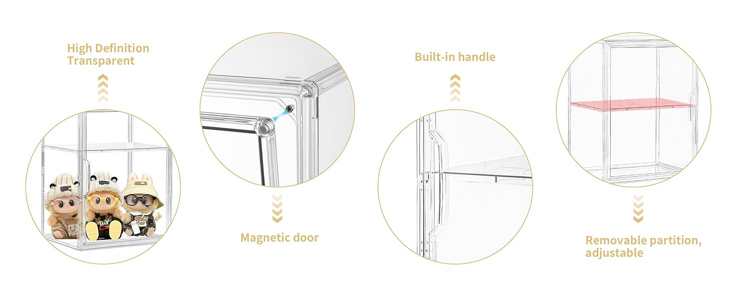 Acrylic Display Case for Collectibles, Clear Storage Bin with 3 Adjustable Layers and 1 Removable Divider, Stackable Clear Storage Box with Magnetic Door for Figures, Home or Office,Large