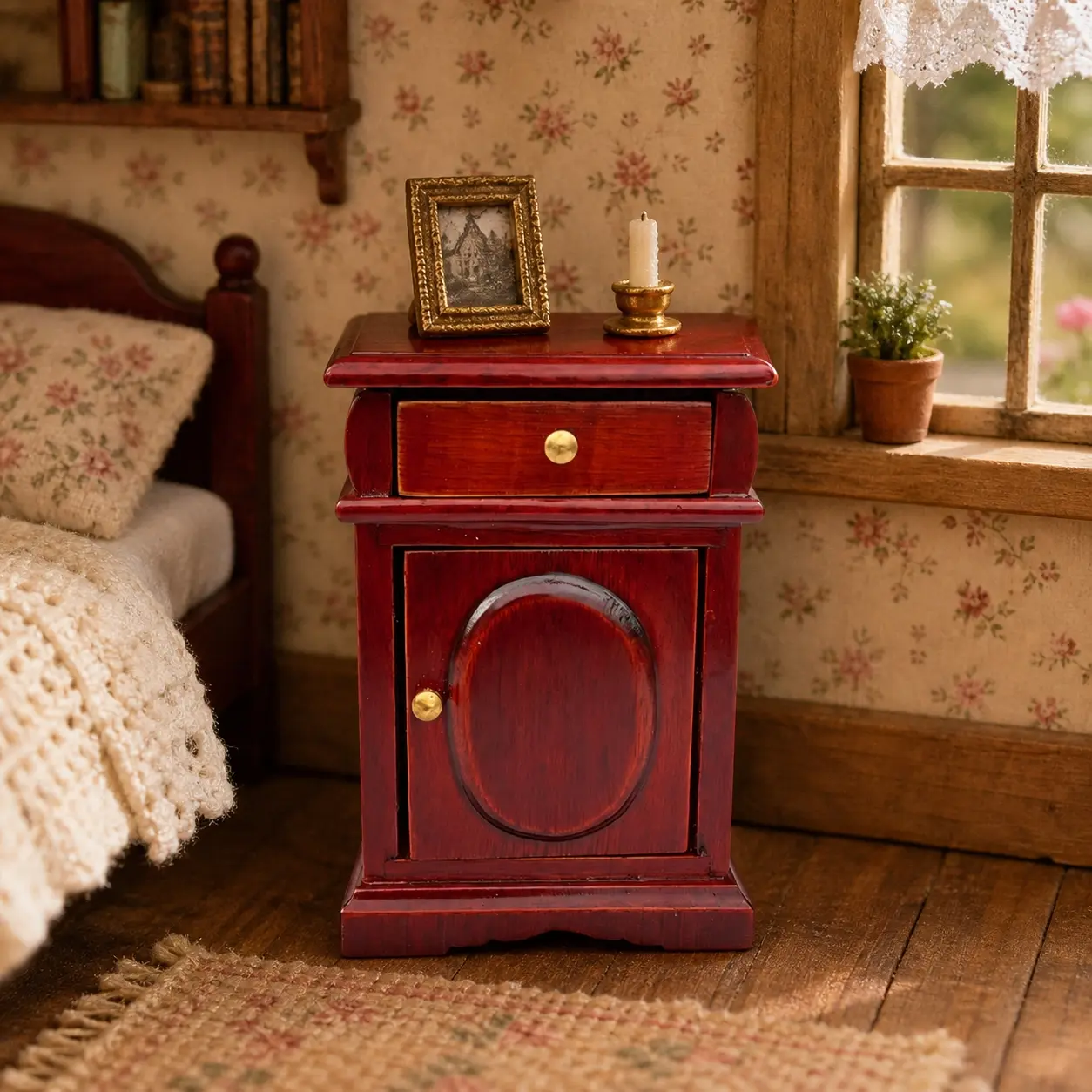 Miniature Dollhouse Bedside Cabinet, Deep Red Vintage Nightstand for DIY Bedroom and Roombox Scenes