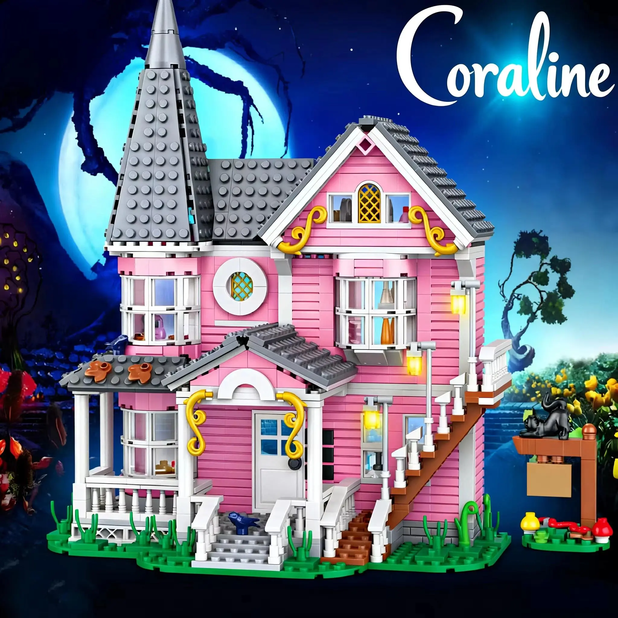 Coraline‘s Iconic Pink Palace Building Blocks Set,Fantasy Haunted House Model for Display,Unique Collector’s Gift for Movie Fans
