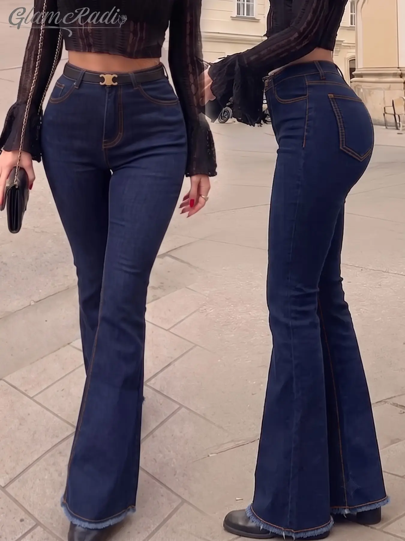 Deep Blue High-Waisted Elastic Hem Micro Flare Jeans for Women, Slim-Fitting Butt-Lifting Retro Street Style Pants, All-Season Daily Wear