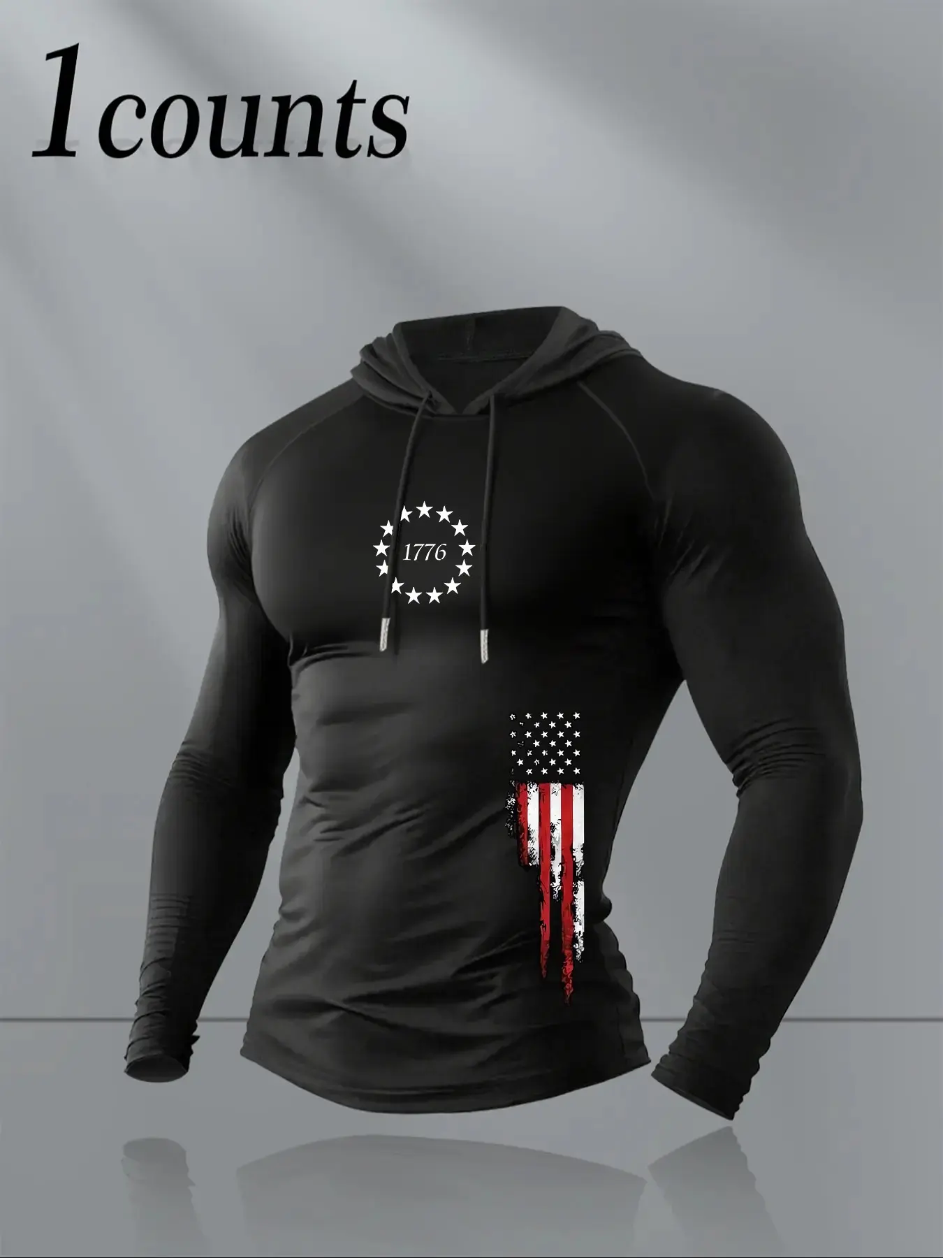 American 1776 Vintage Distressed Flag Print Compression Hooded Long Sleeve, Stretch Quick Dry Gym Tactical Slim Base Hoodie