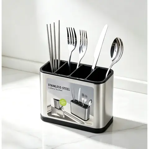 Stainless Steel Kitchen Utensil Holder Organizer Storage - 4-Slot Cutlery Container with Removable Drain Tray, Durable Rustproof Compact Silverware Caddy, 1 Unit Tabletop Organizer for Forks, Knives, Spoons, Chopsticks