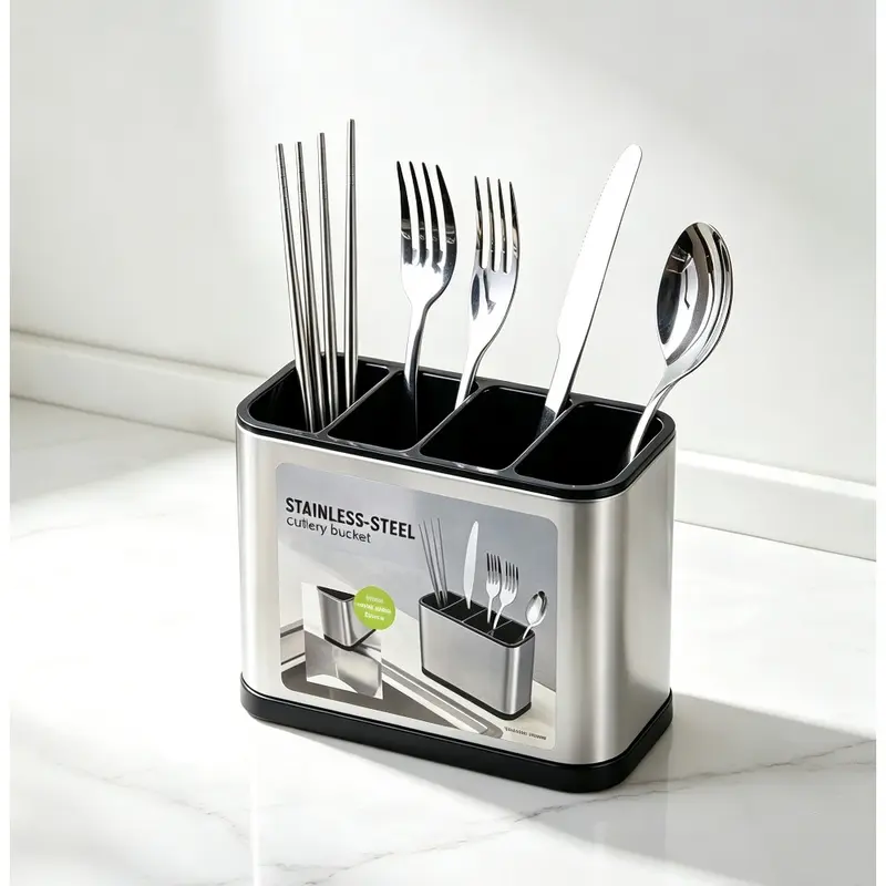 Stainless Steel Kitchen Utensil Holder Organizer Storage - 4-Slot Cutlery Container with Removable Drain Tray, Durable Rustproof Compact Silverware Caddy, 1 Unit Tabletop Organizer for Forks, Knives, Spoons, Chopsticks