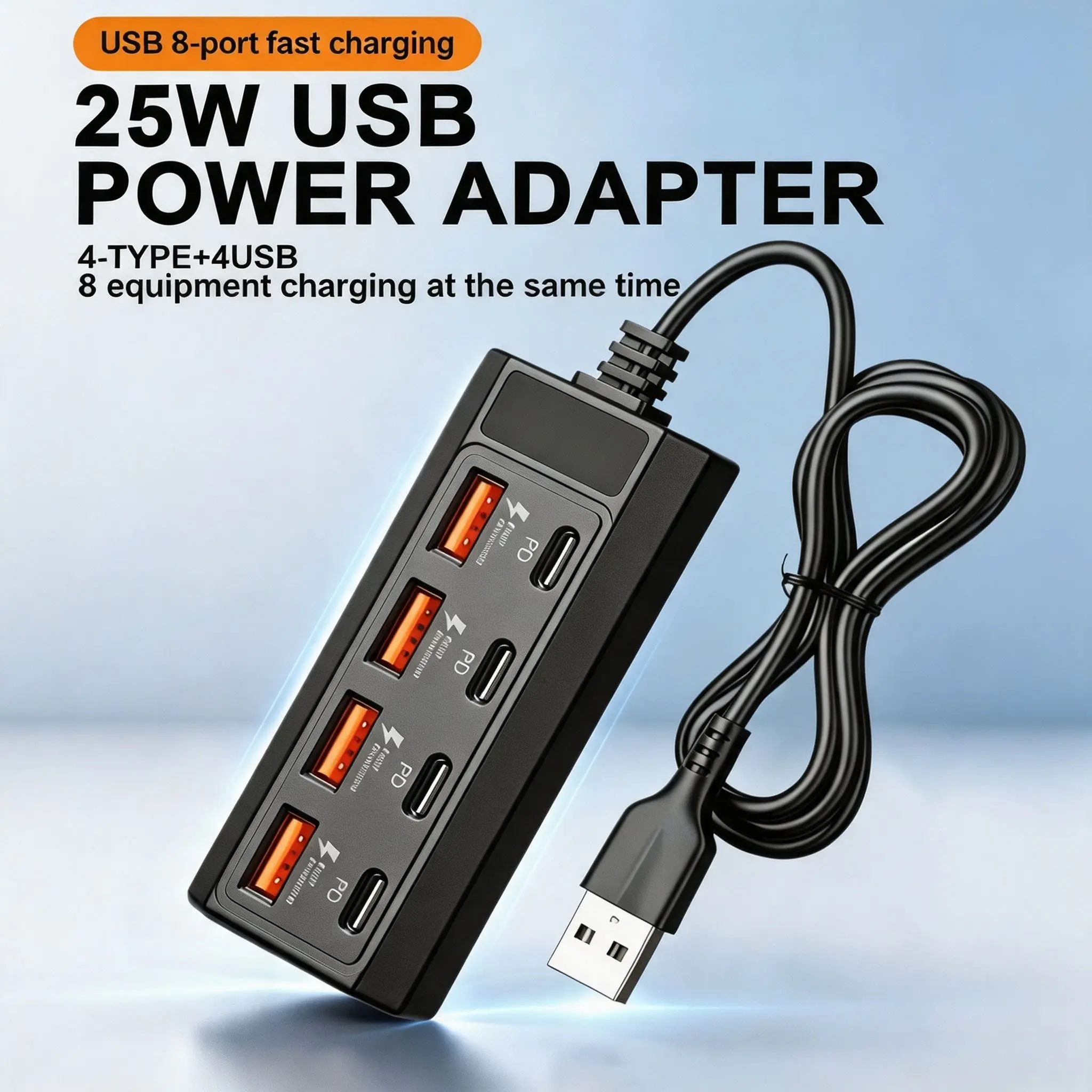 8 Port USB Hub 4 USB-A + 4 Type-C PD Fast Charging Splitter 1.2M Long Cable 25W Multi Port Charging Dock Compatible with Laptop Desktop Phone Tablet Multi Device Charging Extension Adapter