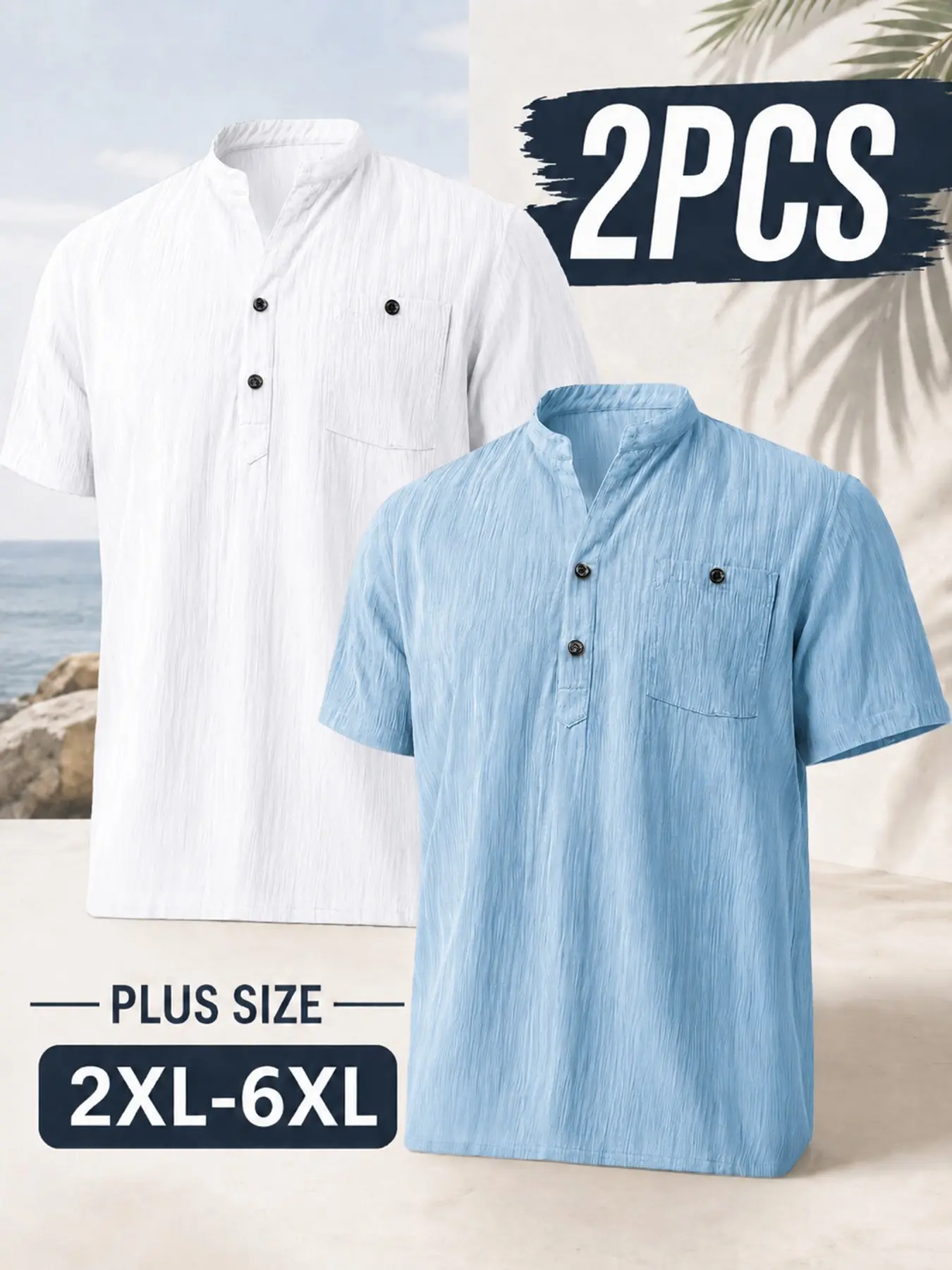 2pcs Men's Plus Size Short Sleeve Henley Shirts 2xl-6xl, Lightweight Breathable Textured Fabric, Loose Fit Summer Casual Shirt