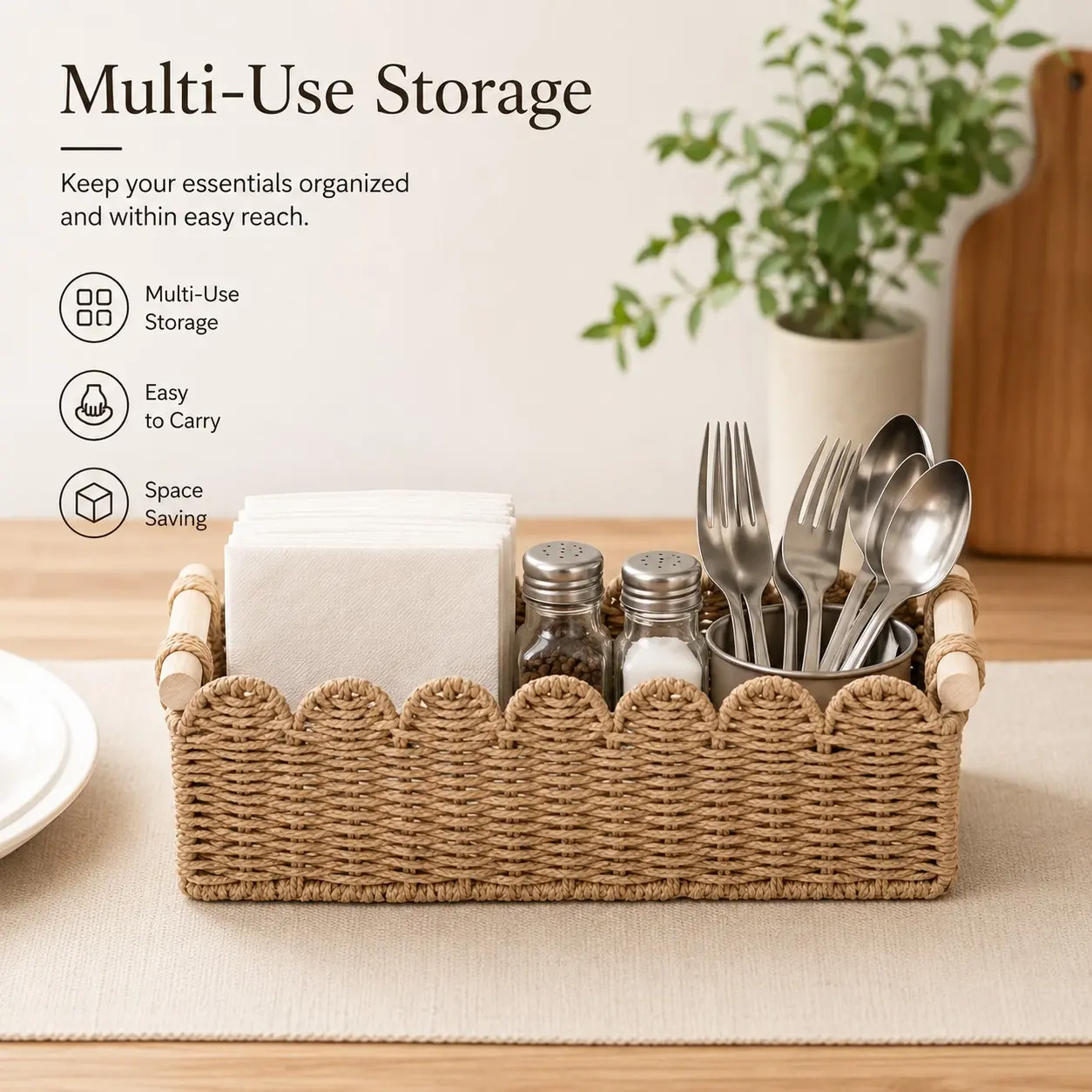 Woven Storage Basket with Scalloped Edge, Handmade Natural Woven Basket, Ideal for Toilet Tank Top, Bathroom, Living Room, Bedroom & Vanity, Decorative Home Storage Organizer