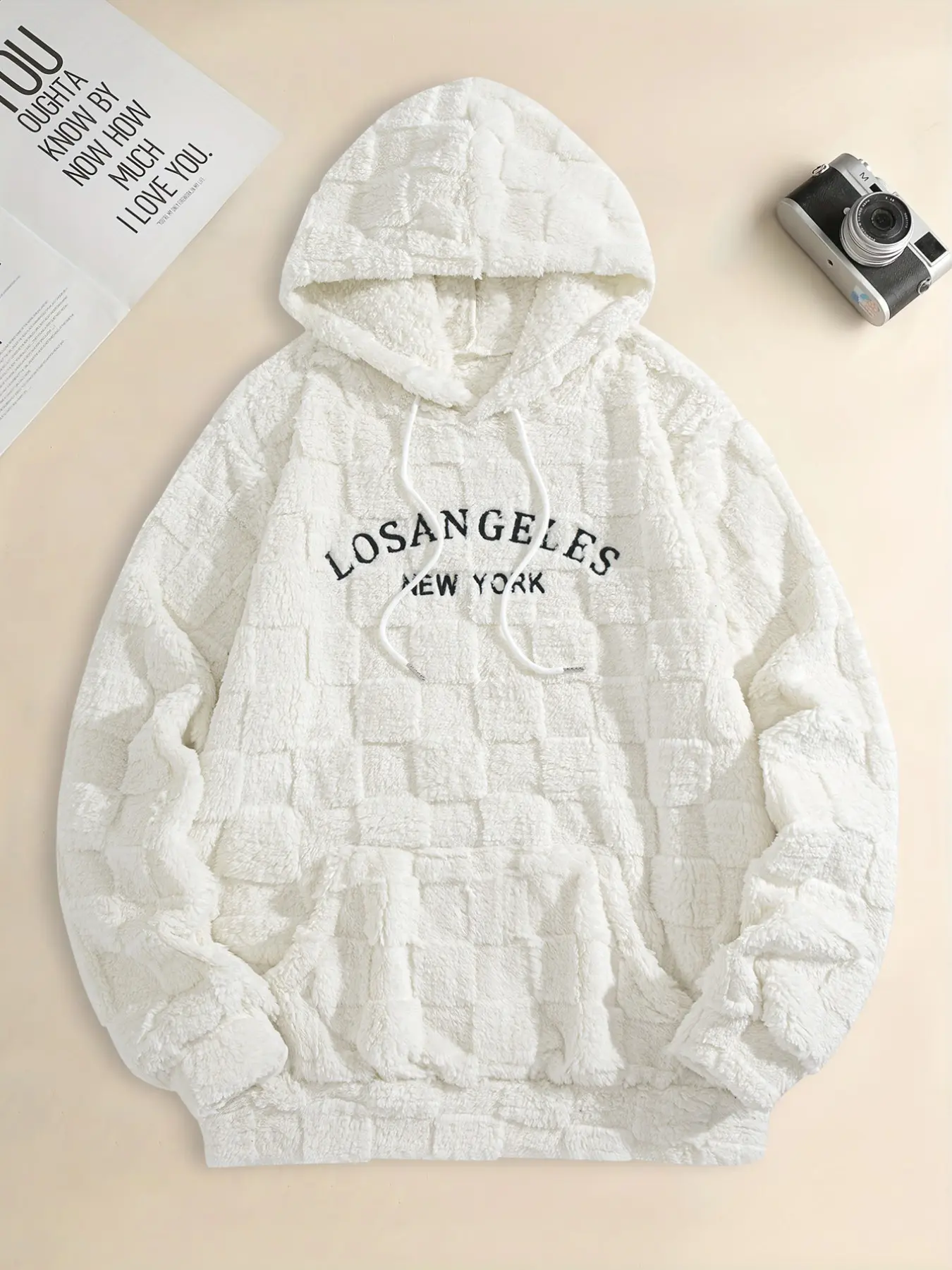 Men's Fuzzy Fleece Hoodie, Los Angeles New York Embroidered Plush Pullover, Casual Warm Winter Sweatshirt, Cozy and Stylish