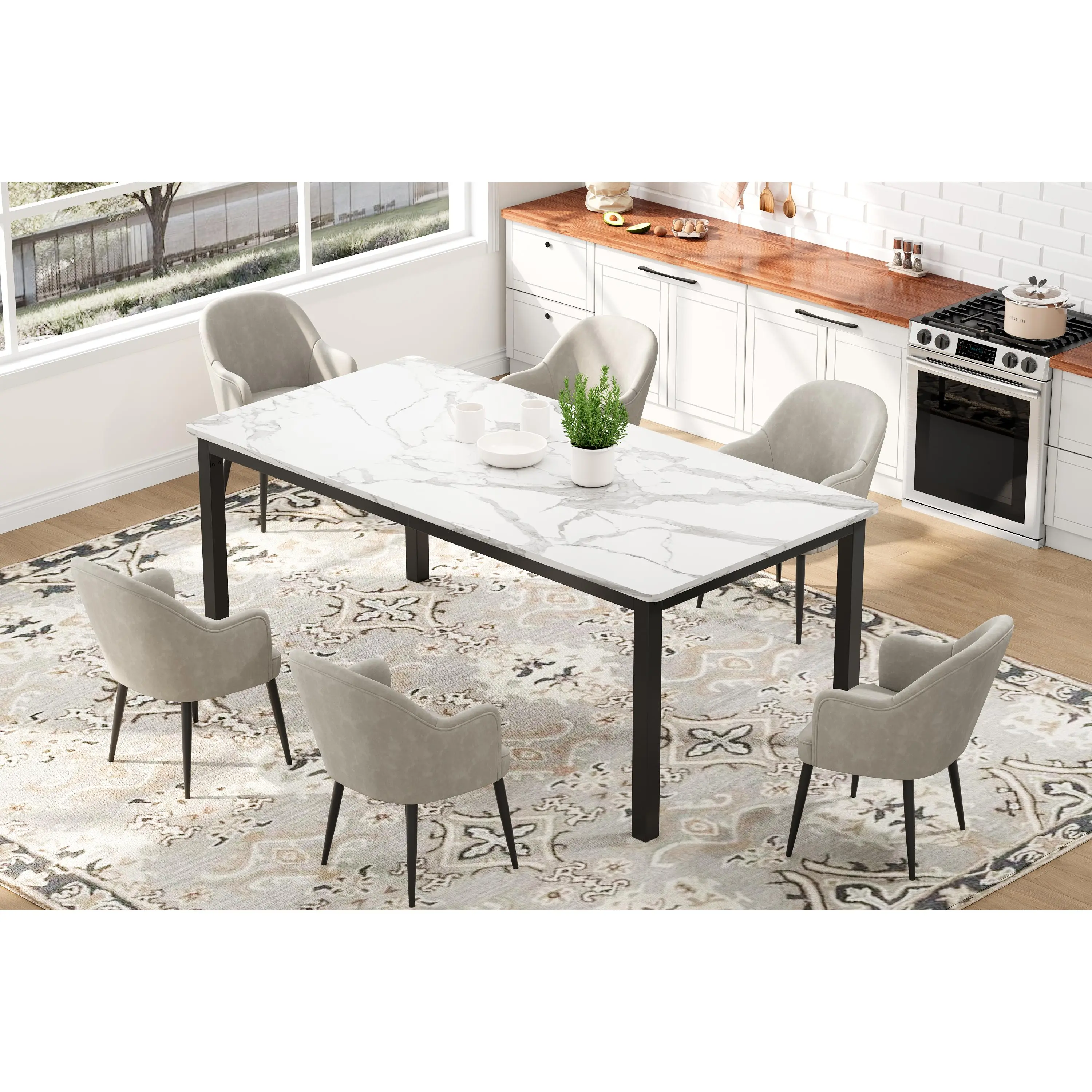 71-Inch and 79-Inch Round-Corner Dining Table, 35.4-Inch Width, MDF with Steel Frame, Gray, Vintage Brown, and White Look