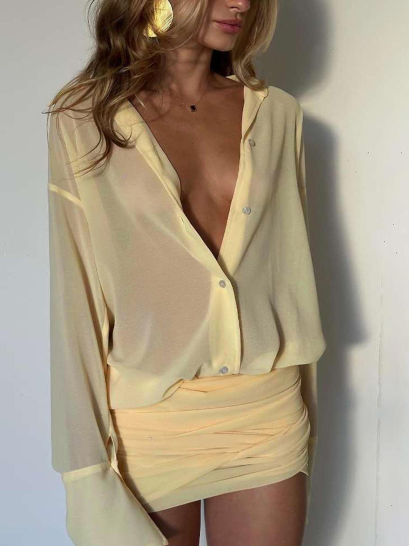 Women's Solid Color Button Collared Dress, Casual Chic Long Sleeve Dress for Spring & Fall, Womenswear for Daily Wear