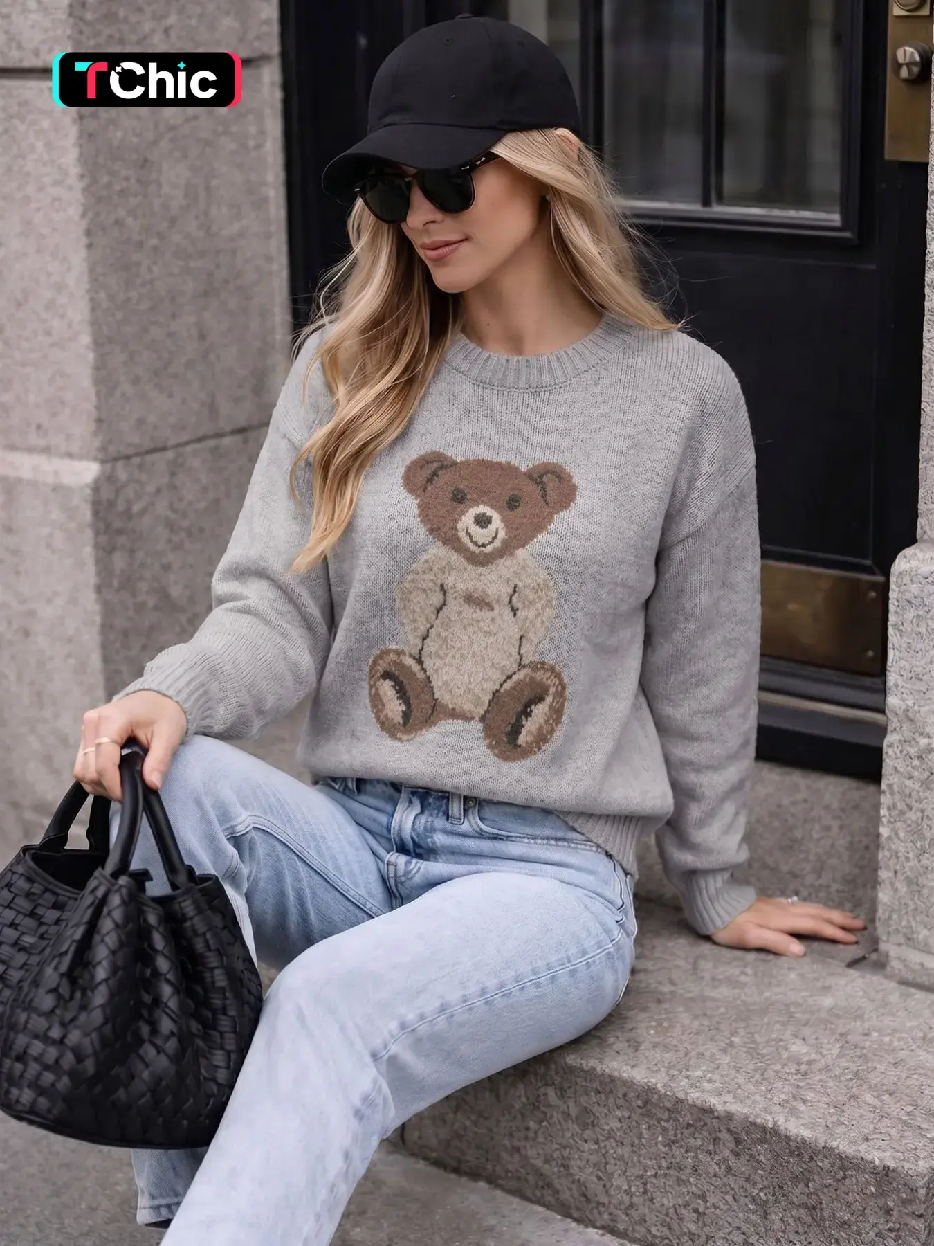 Women's Round Neck Solid Color Bear Print Long Sleeve Simple Loose Lazy Casual Fashion Everyday Knit Pullover Top – Fall/Winter Commute Essential Versatile Pullover Sweater