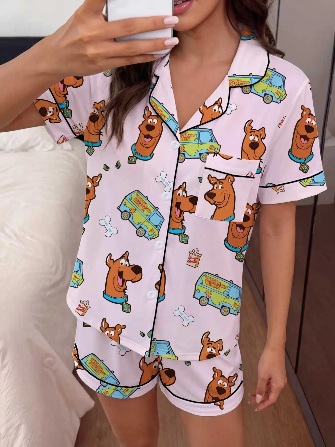 Women's Cartoon Puppy Print Pajama Set, Short Sleeve Button Front Top & Elastic Shorts, Comfortable Home Wear, Loungewear, Elegant All-Season Sleepwear Pjs