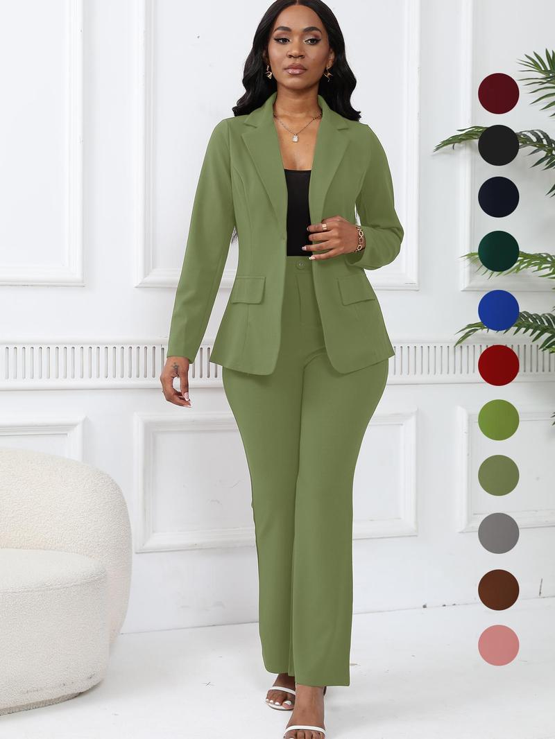 Women's Two-Piece Set Plain Button Lapel Blazer & Suit Pants, Elegant Business Casual Long Sleeve Outerwear & Trousers for Daily Outdoor Wear, Women's Clothing for All Seasons