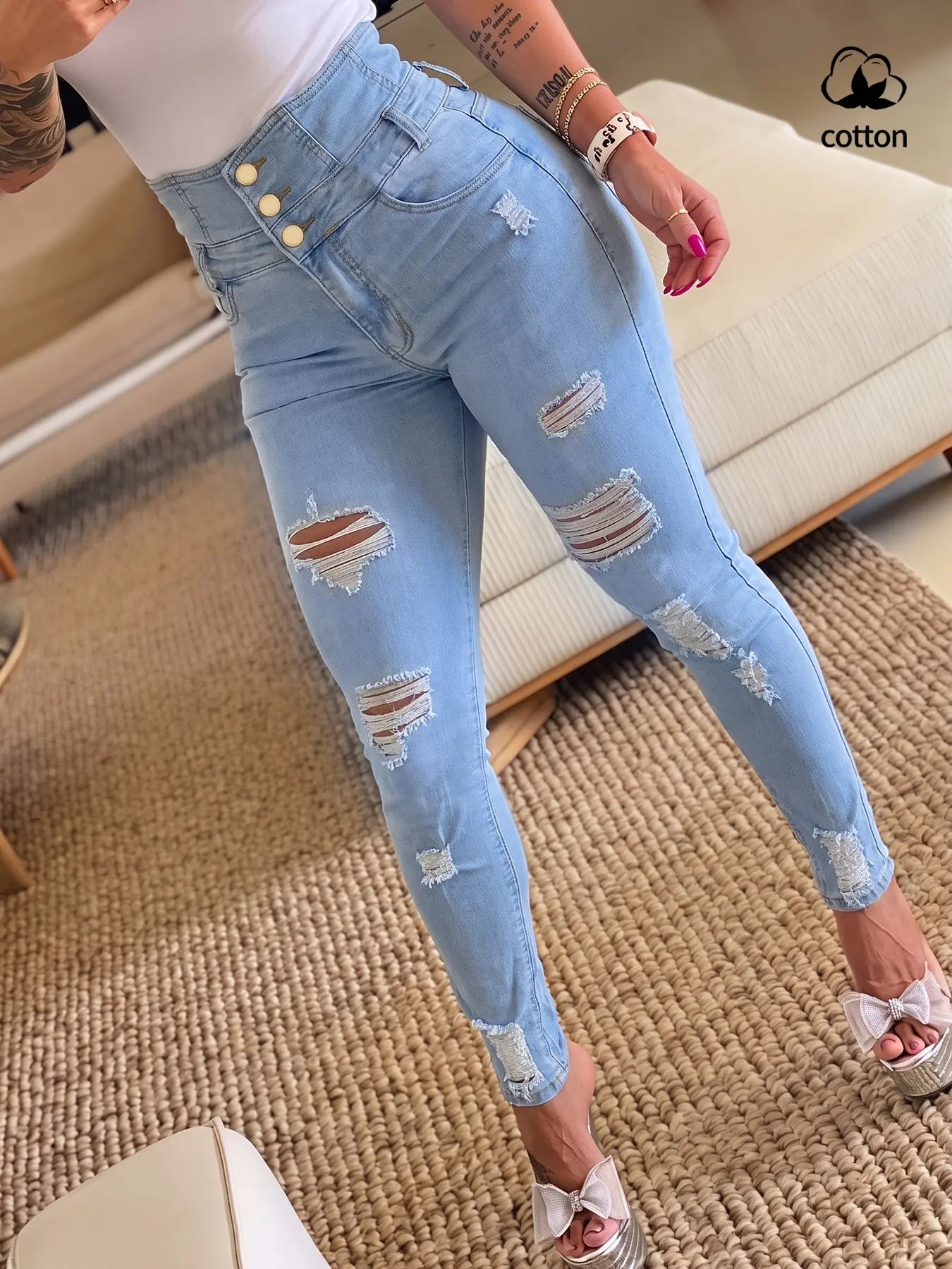 High-Waisted Ruched Tight Jeans for Women, Button Fly Ripstop Denim Jeans, Light Wash Vintage Elastic Slim Fit Casual Long Trousers, Bottoms