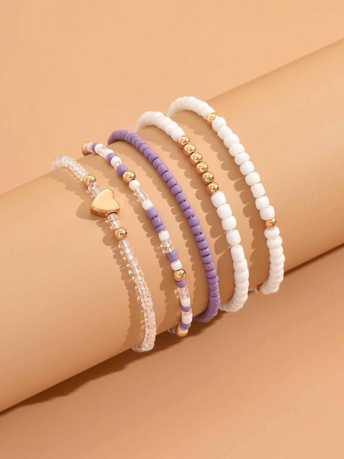 Fashion Metal Heart Beads Bracelet with Multi-color Youth Style Five-Set String Necklace for Women