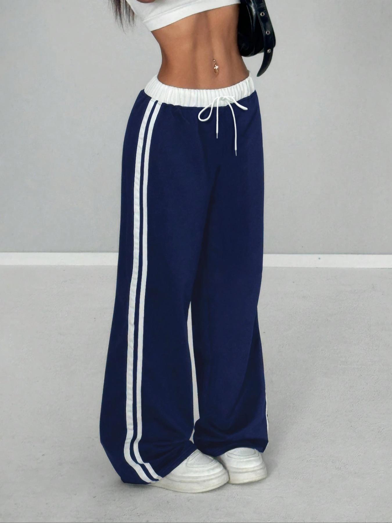 Women's Knitted Casual Fleece Color Block Wide Leg Pants with Elastic Waist and Tie, Perfect for Daily Wear, Casual Loose Pants