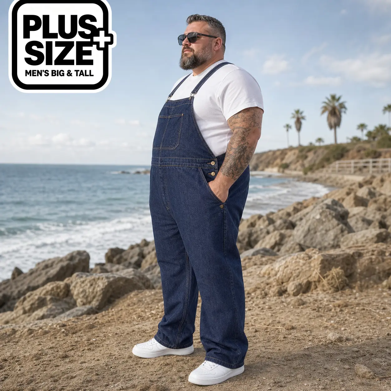 Men's Big & Tall Cotton-Polyester Denim Overalls - Menswear, Loose Fit Cargo Jumpsuit with Adjustable Strap Lace-Up, Classic Street Style Fabric, Vintage All-Season Workwear for Casual Daily Use, Plus Size XL-6XL