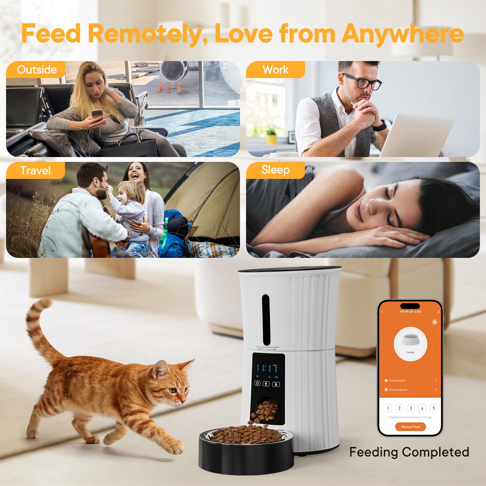 Smart Auto Cat Feeder - 2.4G WiFi & APP Control, Dual Power Backup, 10s Voice Recording & Desiccant for Fresh Food
