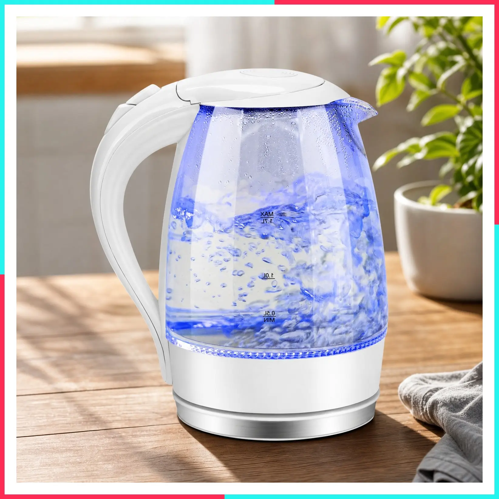 Electric Kettle 1500W Glass Tea Kettle Rapid Heating Borosilicate Glass Auto Shutoff and Boil-Dry Protection Hot Water Boiler BPA Free Cordless with LED Indicator 1.7 Liter