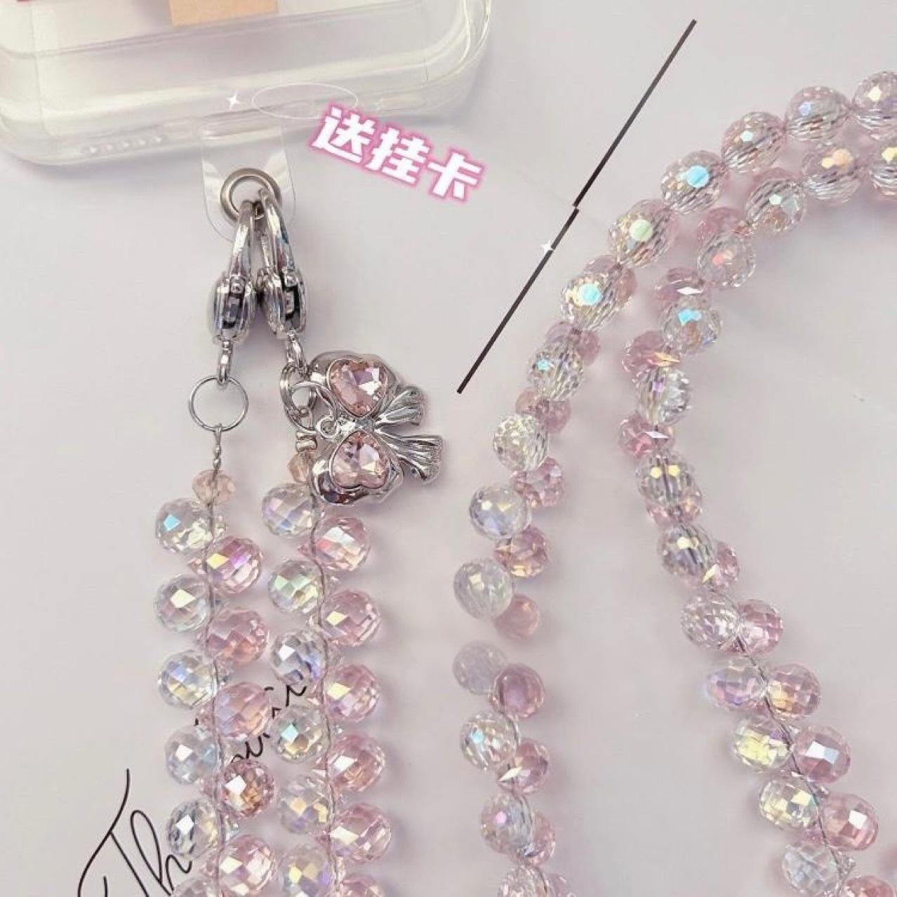 Original design mobile phone lanyard, long chain, handmade, strawberry pink and white crystal lanyard, crossbody shoulder strap, neck strap, bag chain
