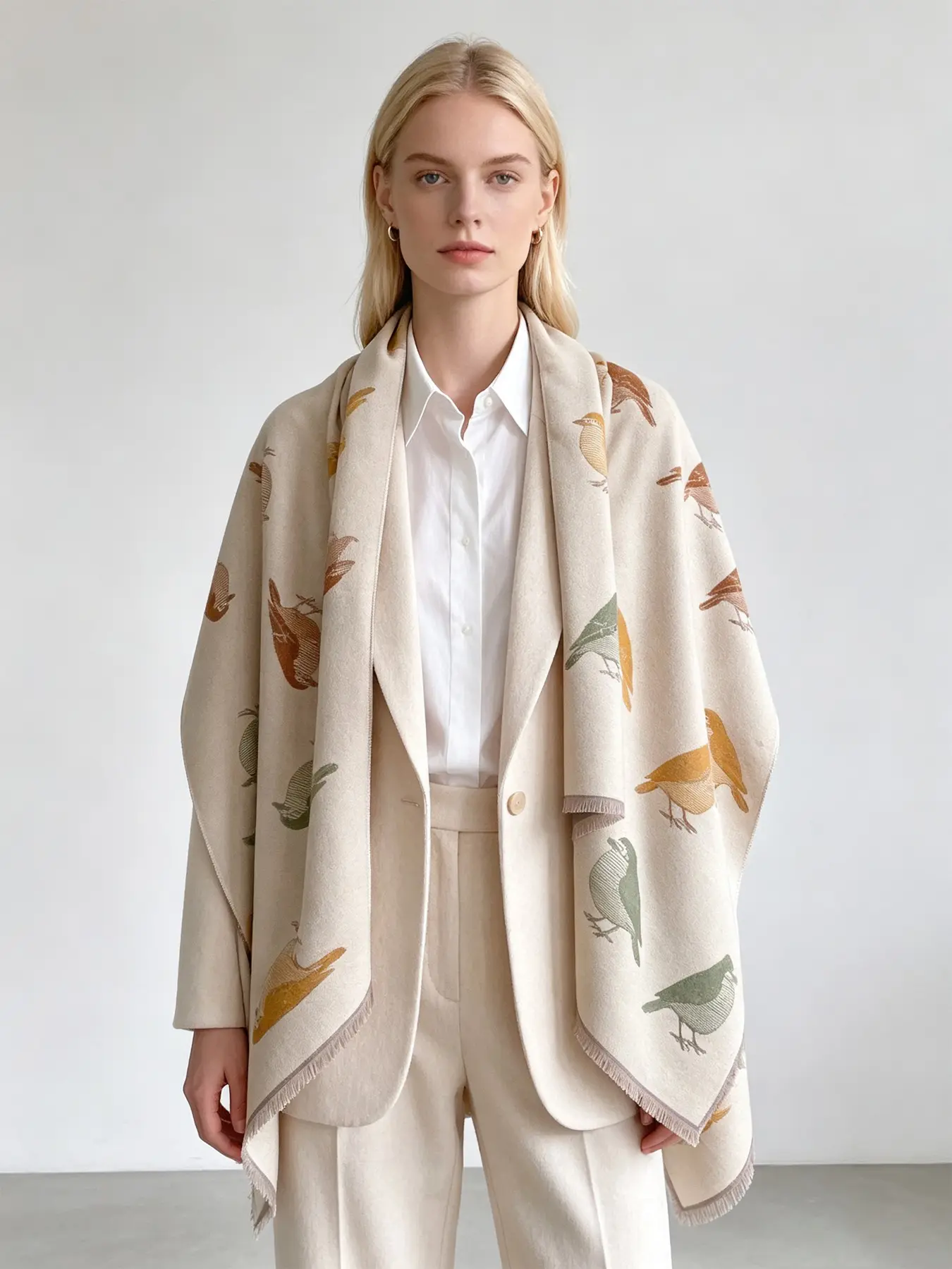 Cream Multicolor Bird Print Blanket Scarf, Luxe Soft Cashmere Feel Reversible Shawl, Essential Back to School & Christmas Gift