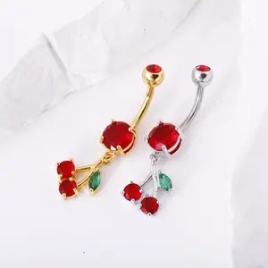 Big red cherry navel ring, cherry pendant, navel piercing, fruit piercing jewelry, belly ring, navel button