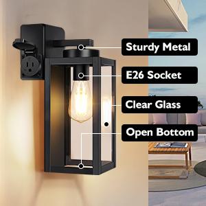 2-Pack Porch Lights Outdoor with UL Certified Outlet, Modern Outdoor Wall Lights Exterior Lighting Fixtures Waterproof, Exterior Wall Sconces Outside Lights for House Front Door Garage