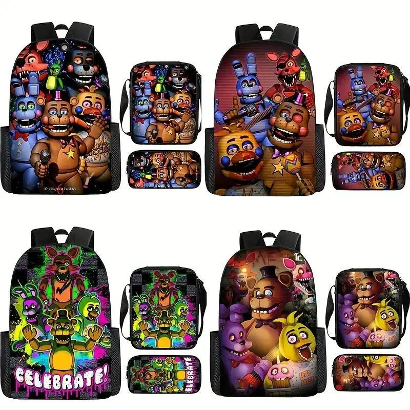 3Pcs Five Nights at Freddy's Print Backpack Set Durable 600D Oxford Cloth School Bag Insulated Lunch Box & Pencil Case Combo Adjustable Breathable Strap Large Capacity Fits 15in Laptop for Kids Teens School Travel Outdoor Use