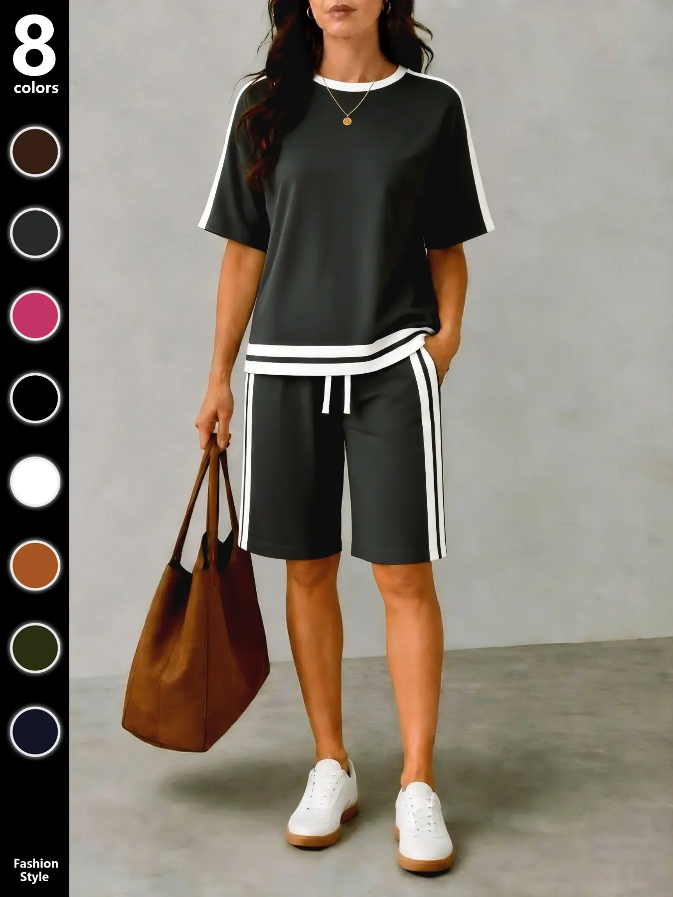 Women's Short Pants T-Shirt Set, Contrast Round Neck T-Shirt and Casual Five-Quarter Pants, Summer Daily Wear, Travel