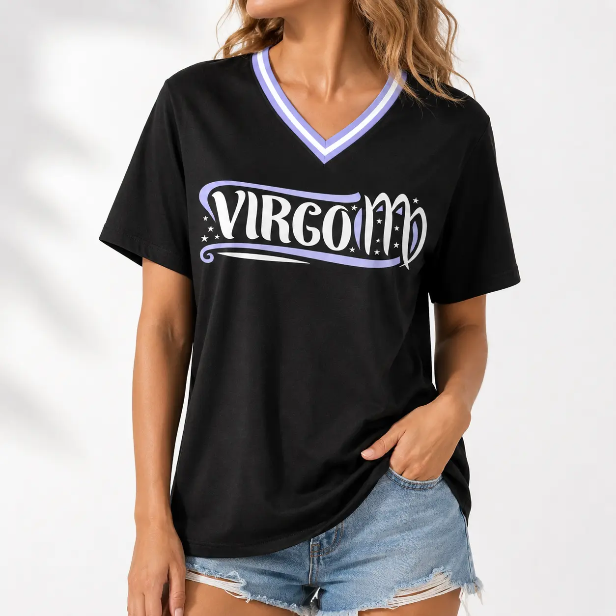 Unisex Virgo Zodiac V-Neck Short-Sleeve Top - Black with Lavender Contrast Trim, Loose-Fitting Astrology-Inspired Design, Relaxed Casual Summer Streetwear, Easy to Pair with Jeans, Virgo Birthday Gift, Sports Fan Cheering Jersey, Denim, Party