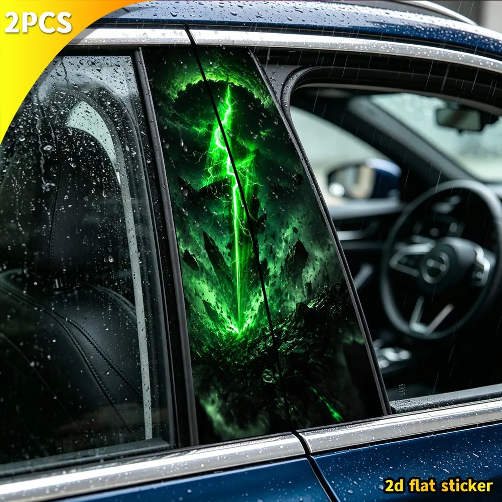 2pcs Neon Crystal Lightning Car B Pillar Stickers, Vinyl Door Column Decor, Universal Car Exterior Modification Accessories