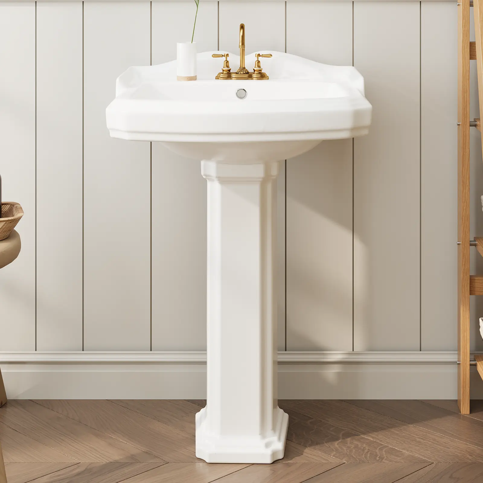 Classic White Ceramic Pedestal Bathroom basin – 23" x 19" Rectangular Basin with Backsplash, Overflow, and Pre-Drilled Faucet Holes – Timeless Freestanding Design