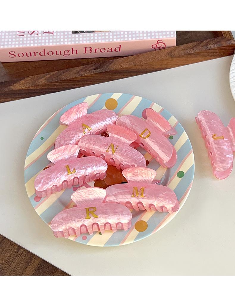 Pink Iridescent Gold Foil Initial Letter Hair ClawClips | Large Acrylic Half Moon Claw Clip for Thick Hair | Hair Claw for Updo Hairstyle #clawclips#