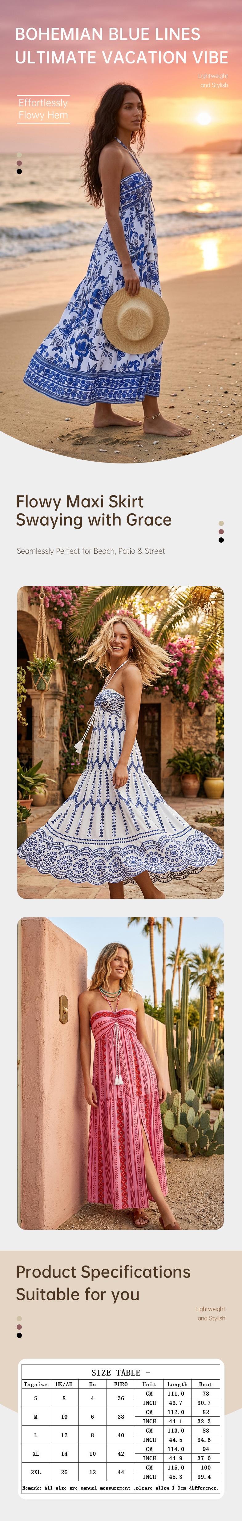 Women's Summer Blue and White Floral Dress Boho Backless Maxi Sundress Spaghetti Strap Flowy Dress Resort-style Summer Fashion Slit Sexy Printed Tie-neck Strapless Dress