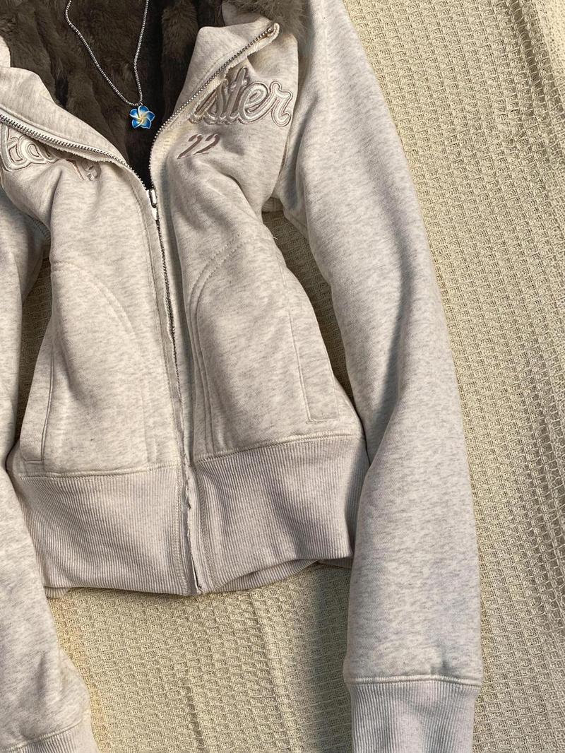 Y2k Aesthetic Vintage Fur Patchwork Hoodies Autumn Grunge Letter Embroidery Hoody Streetwear Cropped Zipper Sweatshirt Jackets