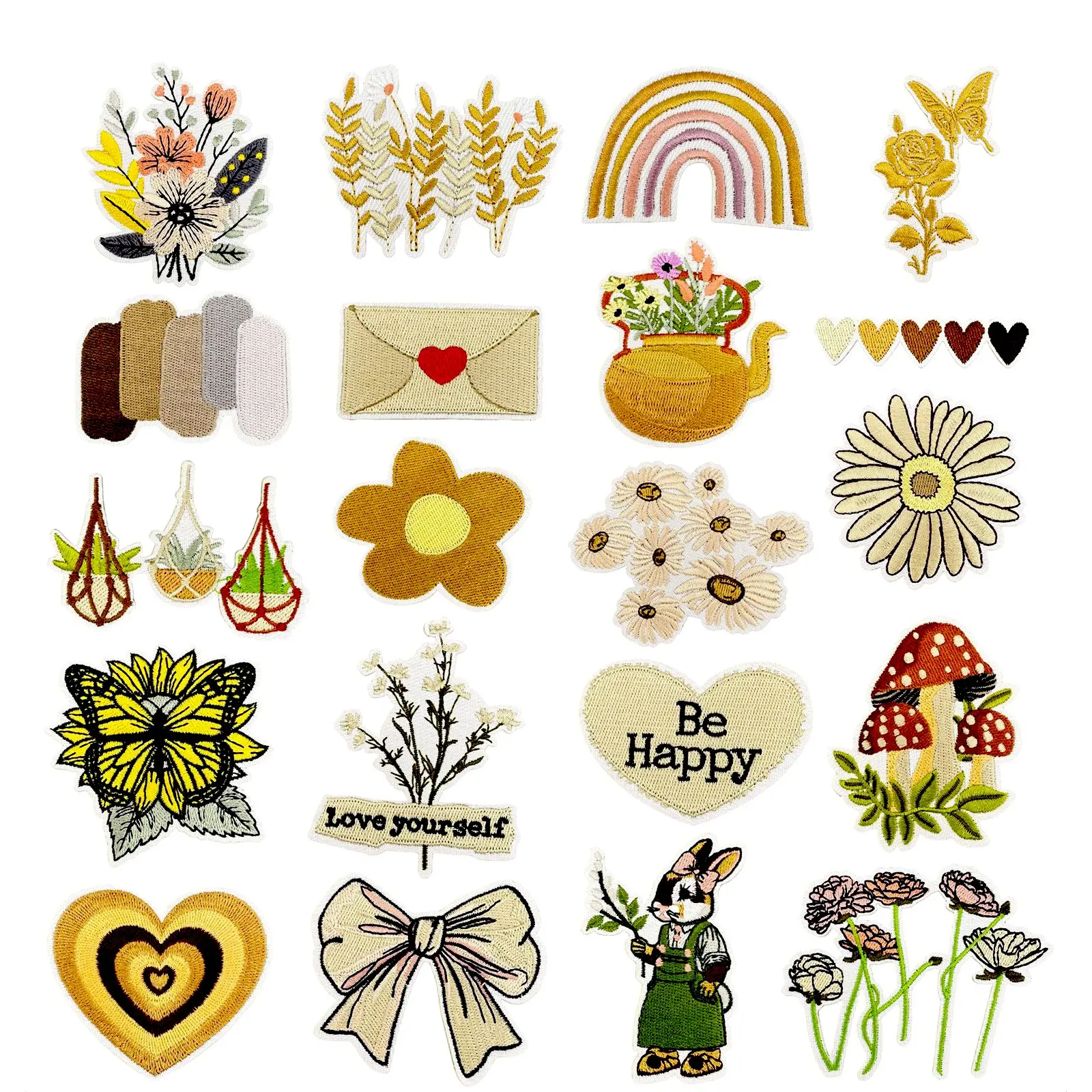 Bohemian Iron on Patches, Embroidery Patches, Appliques Embellishments, 20 Pcs/Set Cartoon Style, Nature Inspired Embroidered Patches, Perfect for Hats, Backpacks, Socks, Shoes, and Clothing