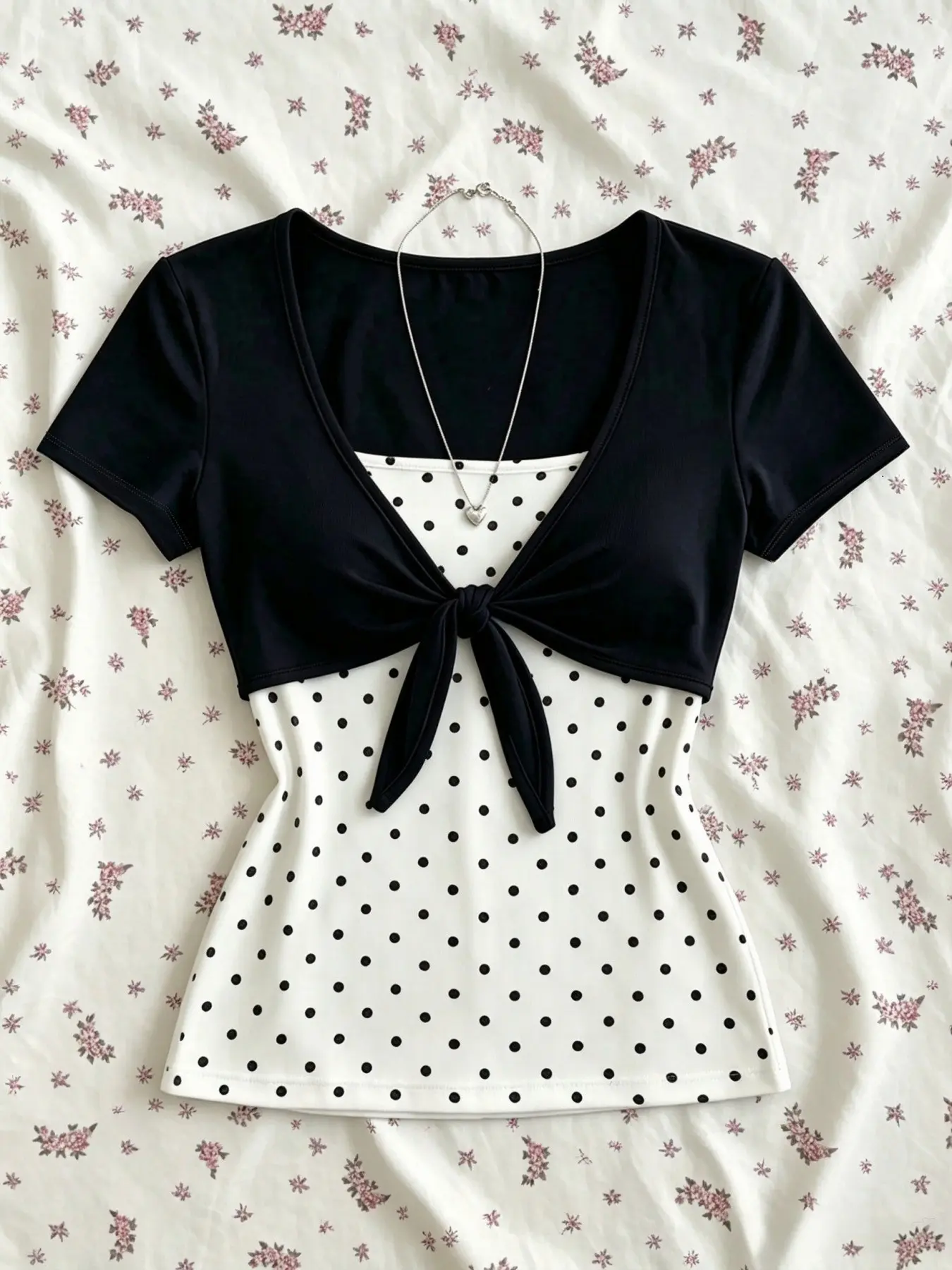 Women's Two-Piece Set, Short Sleeve Tie-Front Open Front Cardigan + Polka Dot Camisole Top, Slim Fit, Casual, Fashionable Ladies' Clothing