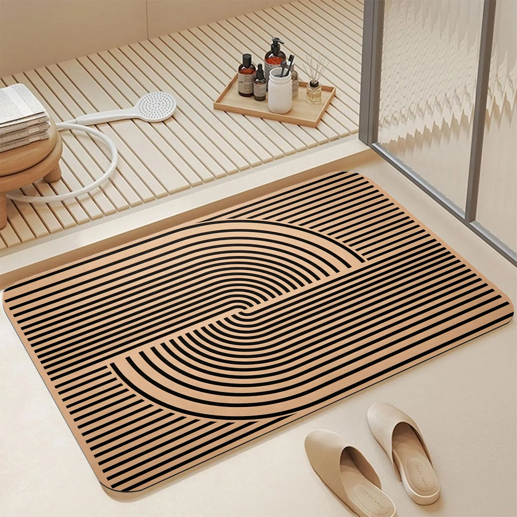 Mid Century Modern Black Curved Arch Geometric Striped Soft Diatomite Bath Mat 16*24 Inch |   Instant Water Absorbing Non Skid Anti-Mold Shower Rug Stylish Minimalist Neutral Boho Bathroom Decor Mat for Abstract & Modern Art Lovers