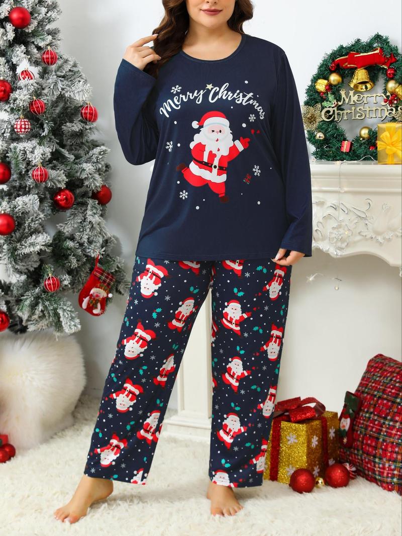 【Plus Size】 Two-Piece Set Letter & Christmas Print Pajama Set, Casual Comfy Round Neck Long Sleeve Top & Pants, Women's Sleepwear for Spring & Fall, Soft Lounge Sets