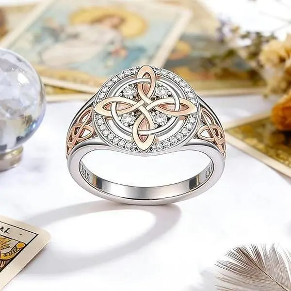 Rose Gold Plated Celtic & Witch Knot Ring, Cubic Zirconia Inlaid Witches Knot Jewelry, Pagan Protection Amulet Ring, Vintage Witchtok Gothic Accessories, Multicultural Daily Wear Finger Ring
