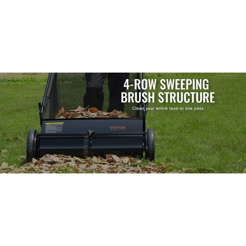 VEVOR Push Lawn Sweeper, 26-inch Leaf Grass Collector, Strong Rubber Wheels Heavy Duty Thickened Steel, Durable to Use with Large Capacity 7 cu. ft. Mesh Collection Hopper Bag, 4 Spinning Brushes