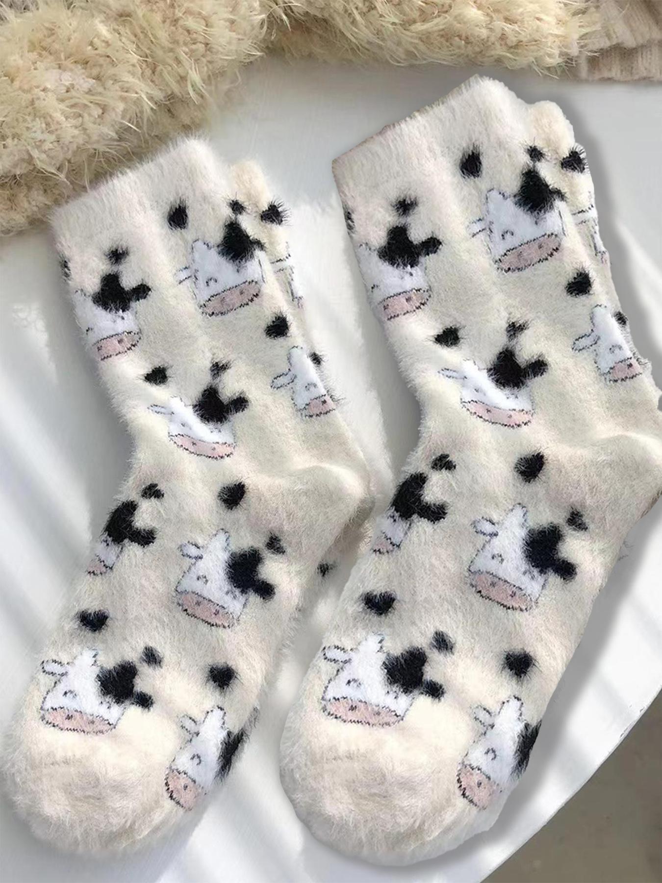 Women's Cow Print Fuzzy Mid Calf Socks, Cute Warm Crew Socks for Daily Wear, Casual Comfy Hosiery for Fall & Winter, Trendy Matching Jacquard Knitting Socks