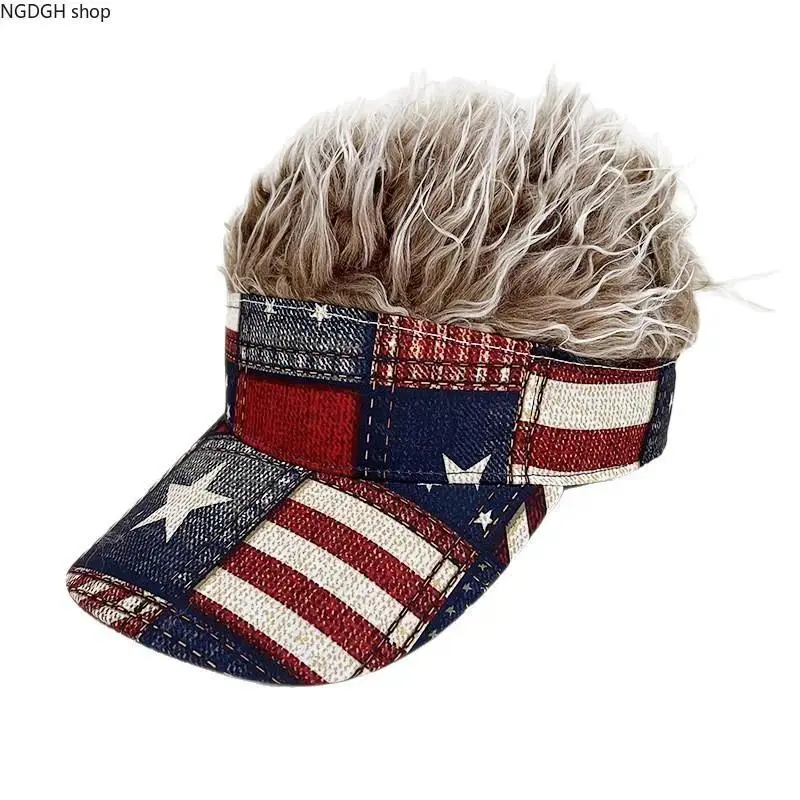 USA Flag Visor Hat with Funny Fake Hair, Novelty Gag Cap for 4th of July Party, Summer BBQ Costume Accessory, Tie Dye, Engagement, Funny Hat
