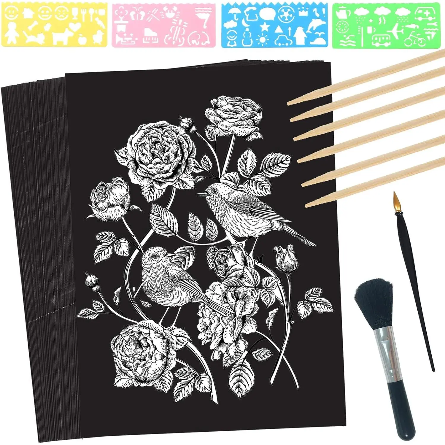 Scratch Paper Art Set, 50 Sheets 8x11in Black Coated Scratchboard Large Scratch Paper with Wooden Styluses and Stencils, DIY Scratch Painting Art Paper for  Adults Birthday Christmas