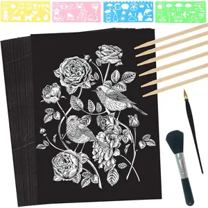 Scratch Paper Art Set, 50 Sheets 8x11in Black Coated Scratchboard Large Scratch Paper with Wooden Styluses and Stencils, DIY Scratch Painting Art Paper for  Adults Birthday Christmas