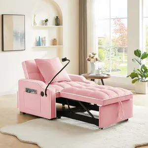 Convertible Sleeper Sofa Chair Bed, 3 in 1 Velvet Single Small Futon Sofa Bed with Phone Holder & USB Ports,Pull Out Couch Recliner with Adjustable Backrest for Living Room, Office, Small Place, Pink