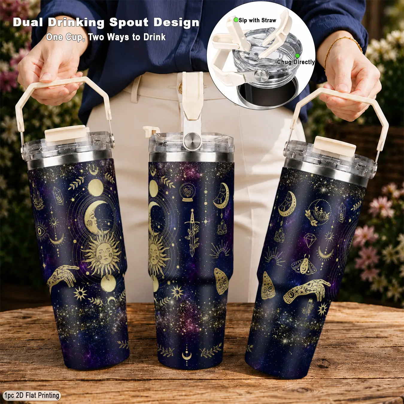 30oz 304 Stainless Steel Travel Straw Insulated Tumbler, Leakproof Insulated Tumbler, with Gold Sun Moon Star Astrology Print, Double Wall Insulation Leak Proof Lid with Portable Handle, for Office Gym Outdoor Activities, Ideal Gift