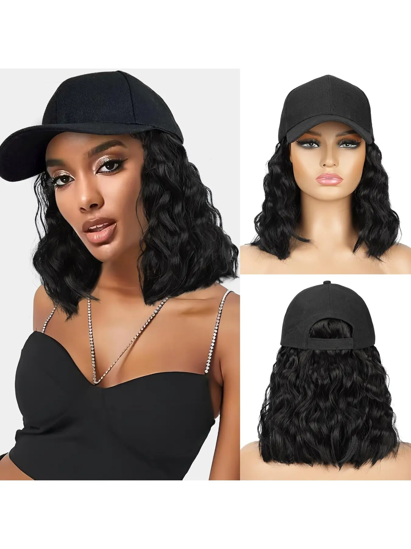 Adjustable Baseball Cap Wig for Women, Integrated Wavy Curly Hair, Jet Black