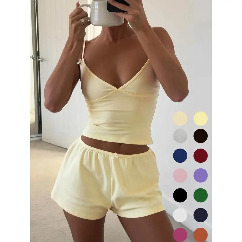 Two-piece Set Women's Solid Spaghetti Strap Crop Top & Shorts, Minimalist Casual Comfy Camisole & Shorts Daily Wear, Ladies Two-piece Outfits Womenswear