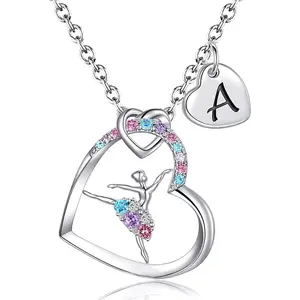 Ballerina Necklaces Gifts for Girls Ballet Dancer Necklaces for Teens Little Girls Heart Initial Rainbow Dance Necklace Jewelry Gifts for Girls Women.