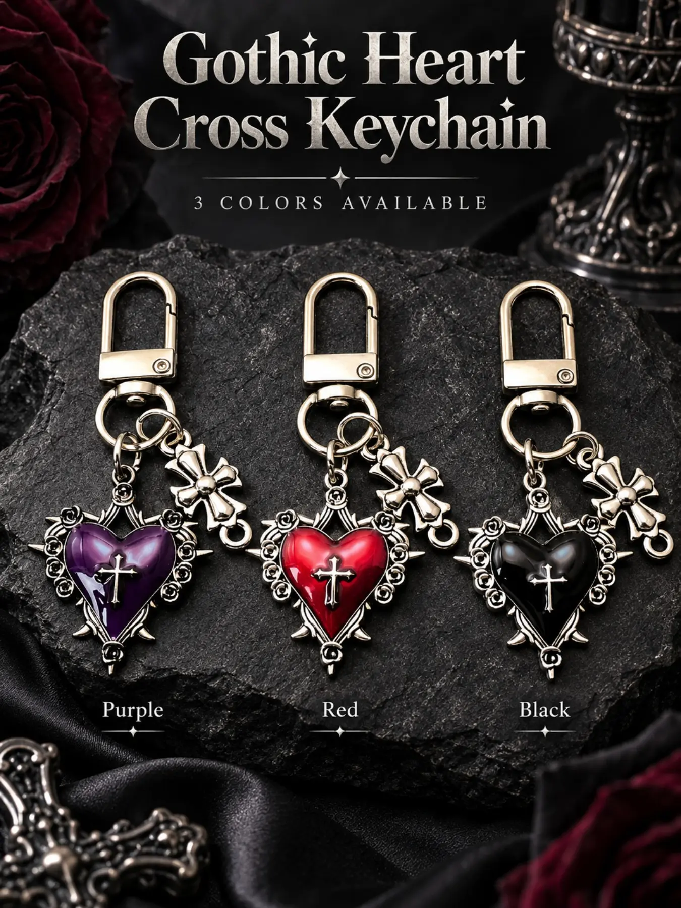 Halloween Y2K Punk Gothic Heart Cross Keychain, Thorn & Rose Framed Enamel Heart Bag Charm with Cross Flower Pendant,Dark Romantic Alt Fashion Backpack Accessory, Spooky Aesthetic Gift for Goth & Emo Lovers, Available in Red, Purple & Black, Key Charms